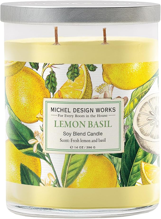 Michel Design Works Lemon Basil Scented Candle, 14 oz Soy Blend Dual Wick Glass Jar Candle with Lid, 75 Hour Burn Time, Ci...