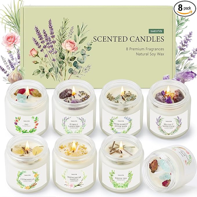 Scented Candles for Home,8 Pack Soy Candles Gift Set for Women,Aromatherapy Candle with Crystals Inside-Perfect for Mothe...