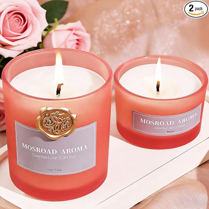 MOSROD Luxury Rose & Agarwood Scented Candles Gift Set, 2 Packs, Natural Soy Romantic Aromatherapy Jar Candle Gift for He...