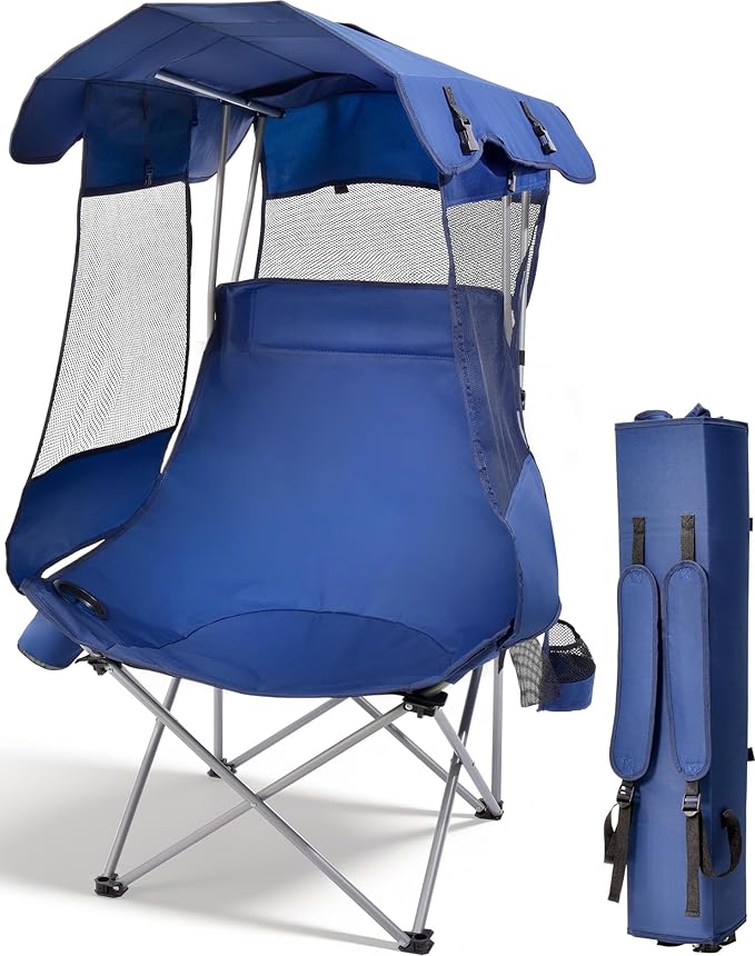 East Oak Oversized Camping Chair with Canopy | 400 LBS Heavy Duty Folding Beach Chair with Canopy Shade, Roomy Seat, Full ...