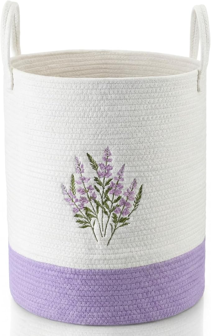 Honeydak Purple Lavender Cotton Rope Laundry Basket Hamper Large Floral Embroidery Tall Basket with Handle Foldable Round ...