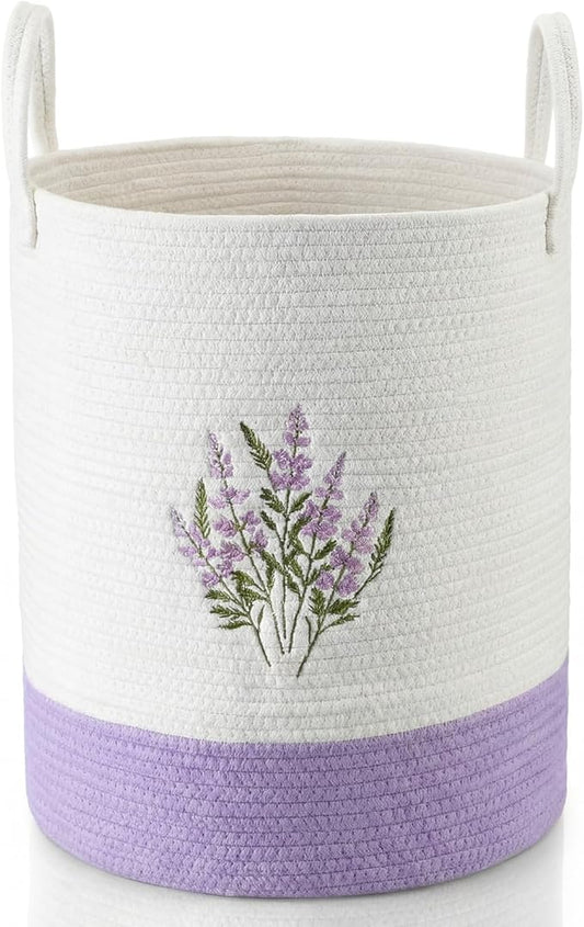 Honeydak Purple Lavender Cotton Rope Laundry Basket Hamper Large Floral Embroidery Tall Basket with Handle Foldable Round ...
