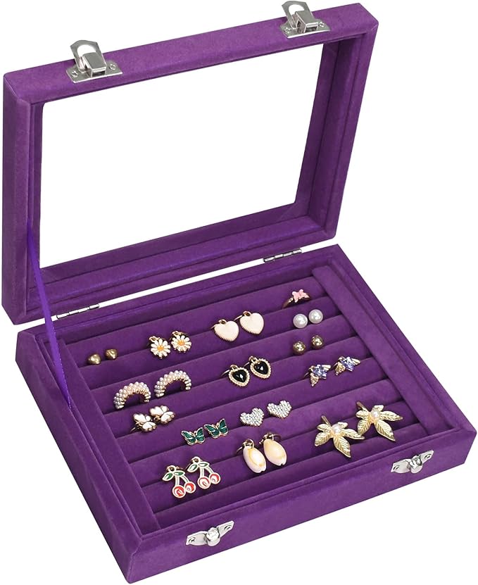 Vicoter Rings Organizer Tray 7 Slots Velvet Jewelry Earring Storage Box with Transparent lid Jewelry Display Case for Girl...