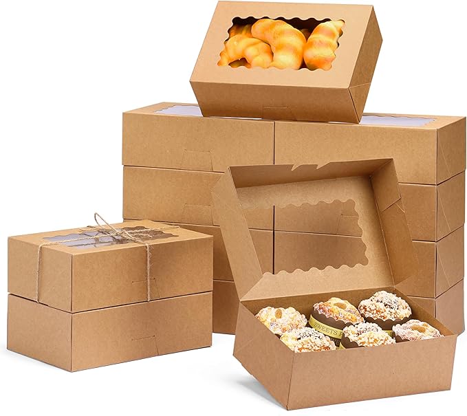Moretoes 28pcs Cookie Boxes with Window, 9x6x3 Inch Brown Bakery Boxes Pastry Containers for Chocolate Covered Strawberrie...