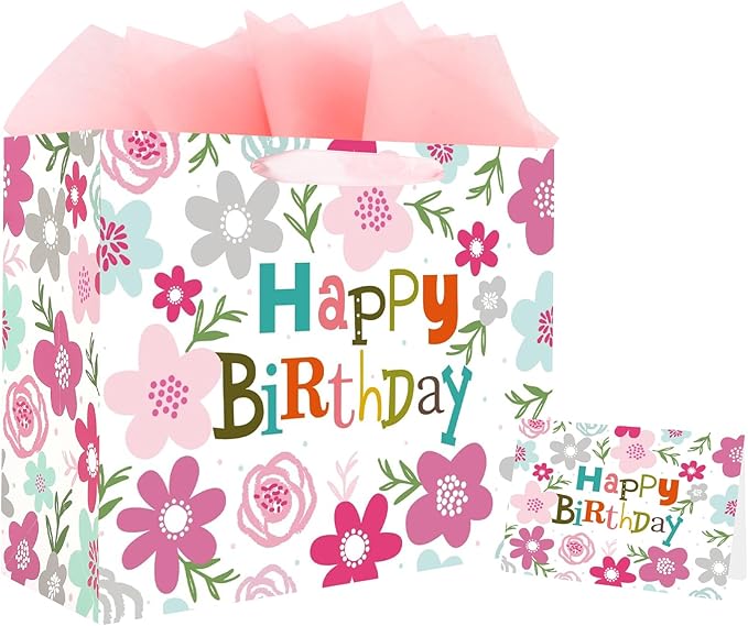 ASYEHJNR 13" Large Size Happy Birthday Gift Bag Pink Gray Teal Floral Flower with Colorful Happy Birthday Sign Boho Gift B...