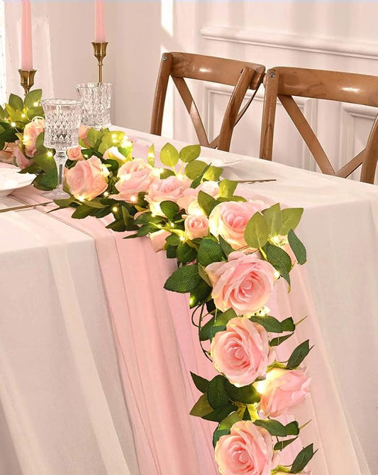 2 Pcs Flower Garland with 19.6 Ft Lights, 13.2 Ft Pink Floral Garland Fake Flowers for Wedding Arch Party Wall Garden Room...