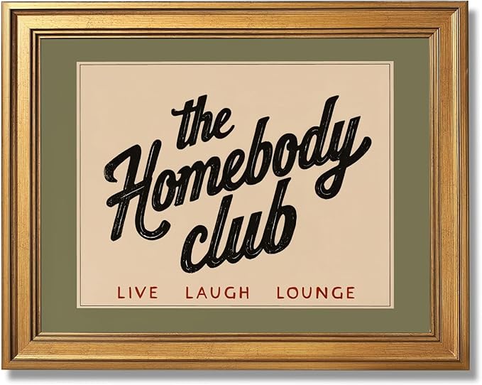 Ripiyome Gold Frame The Homebody Club Canvas Print Cozy Lifestyle Home Green Wall Art Vintage Typography Poster Painting A...
