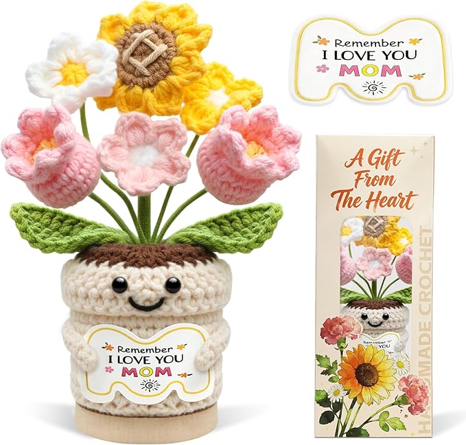 Gifts for Mom, Mothers Day Gifts for Mom from Daughter Son, Mom Birthday Gifts, Crochet Flower Pot, Handmade Knitted Sunfl...