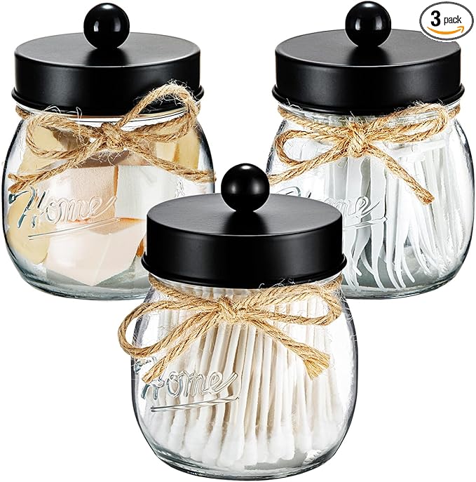 SheeChung 3 Pack Qtip Holder, Cotton Swab Holders, Apothecary Jars with Lids, Bathroom Jars, Black Bathroom Accessories fo...
