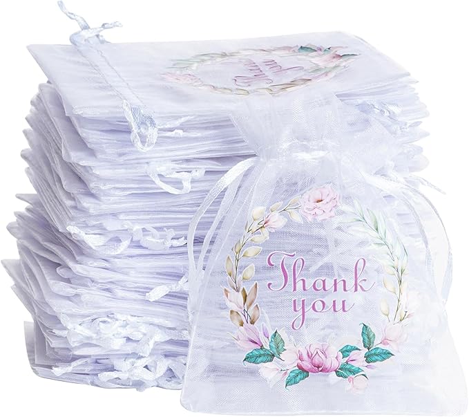Bskifnn 50 Pcs Organza Bags Thank You Printed Satin Drawstring Organza Pouch Candy Bags Wedding Party Favor Gift Bag Jewel...