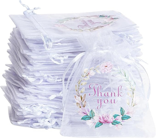 Bskifnn 50 Pcs Organza Bags Thank You Printed Satin Drawstring Organza Pouch Candy Bags Wedding Party Favor Gift Bag Jewel...