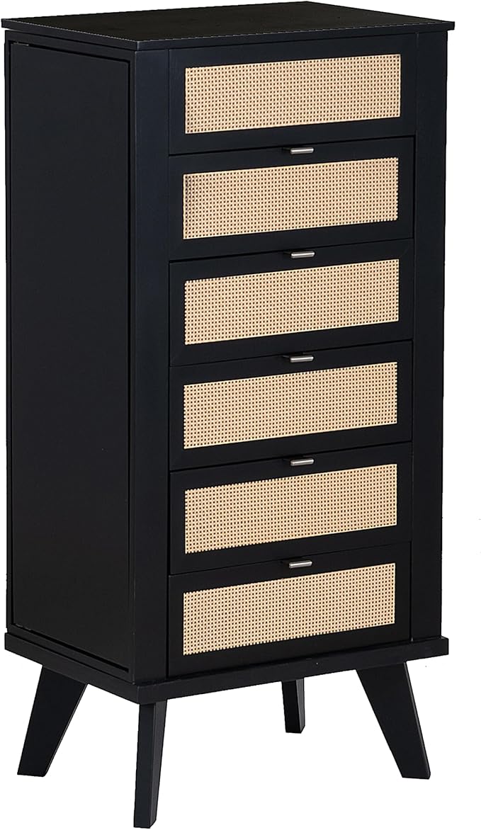 Powell Helene Black Wooden Jewelry Armoire with Cane Drawer Fronts