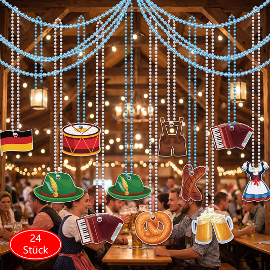 48-Piece Oktoberfest Party Accessories Set: 24 Blue-and-White Bead Chains & 24 Felt Tags For Oktoberfest Decorations - Party Accessories Set