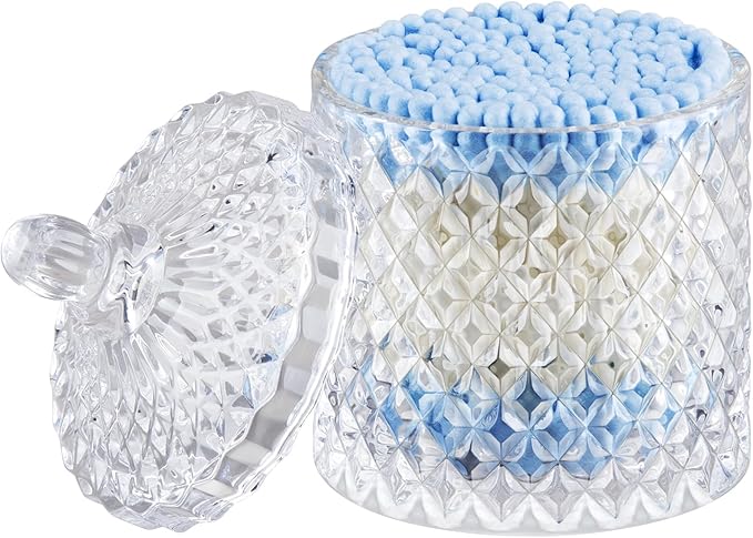 ALAMHI Q tip and Cotton Ball Holder Glass Apothecary Jar with lid, Small Bathroom Vanity Organizer and Storage Qtip Jar fo...