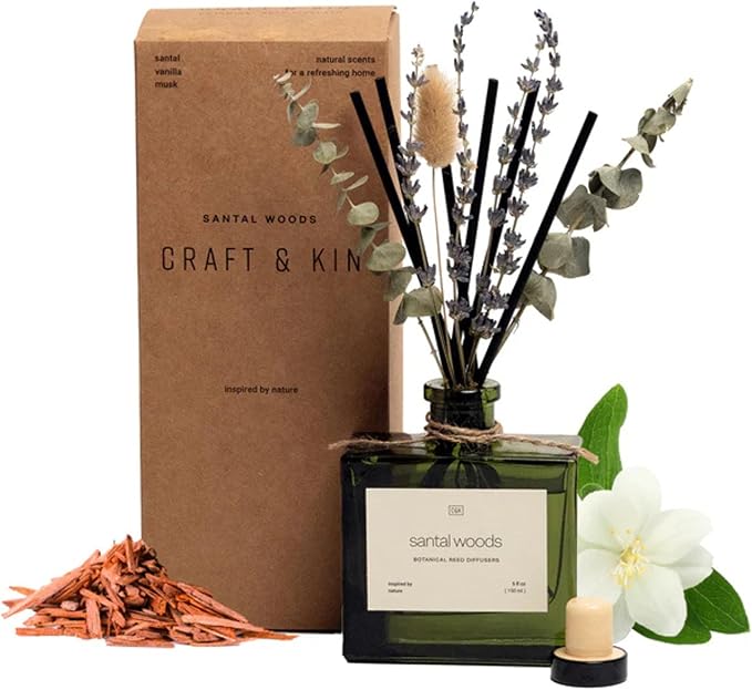Craft & Kin Reed Diffuser with Dried Flowers | 5 oz Santal Woods Scented Reed Diffusers for Home, Bathroom | Scent Sticks...