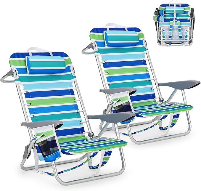 GarveeLife Backpack Beach Chair for Adults 2 Pack, Lightweight Portable Lay Flat Folding Beach Chair with 5 Positions, Bac...