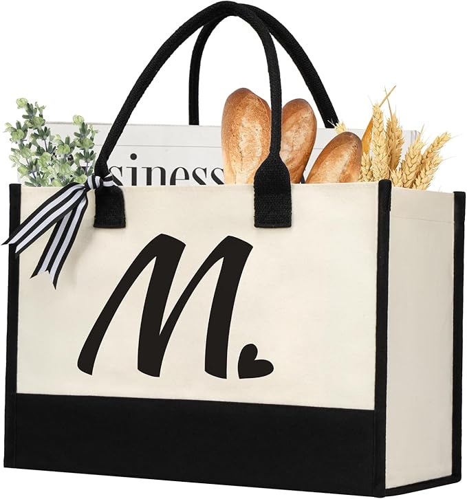 shenee Initial Canvas Tote Bag, Personalized Beach Jute Bag Present for Women Holiday,Friends Birthday Gift,Wedding, New Year