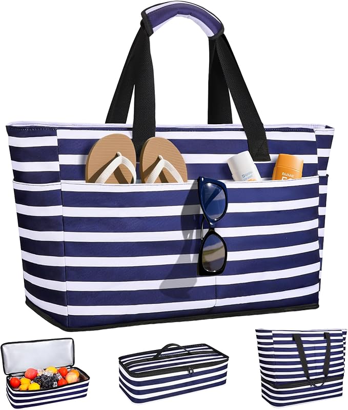 ISEYOU Beach Bag with Cooler, 49L Large Waterproof Sandproof Tote with Zipper, Foldable Travel Bag for Beach, Pool, Picnic