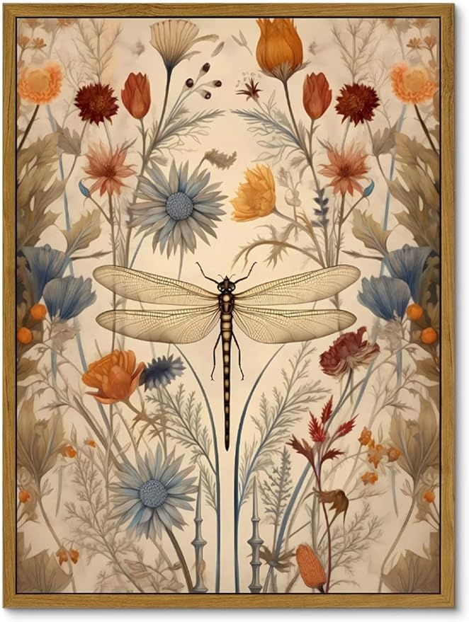 Framed Vintage Dragonfly Canvas Wall Art Whimsical Botanical Floral Picture Elegant Mid Century Natural Poster Prints Ecle...