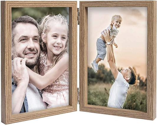 4x6 Picture Frames Double Hinged MDF Wood Grain with Glass Front Stand Vertical on Tabletop