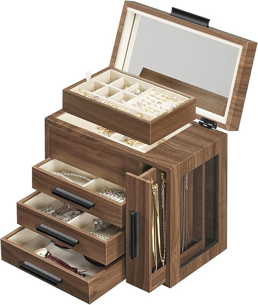 HOOBRO Jewelry Box with Mirror, Wooden Jewelry Organizer Box with Side Clear Acrylic Panel, Large Jewelry Case for Earring...