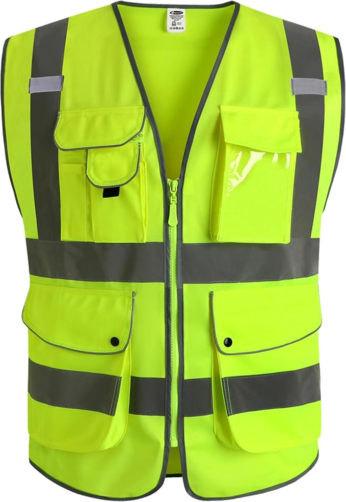 JKSafety 9 Pockets Class 2 High Visibility Zipper Front Safety Vest With Reflective Strips,Meets ANSI/ISEA Standard (Larg...