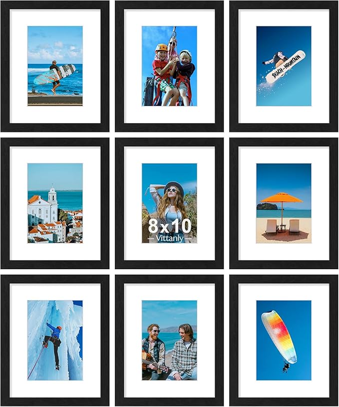 Vittanly 8x10 Picture Frames Set of 9, Shatter Resistant Plexiglass, Display 5x7 Pictures with Mat or 8x10 without Mat, Ph...