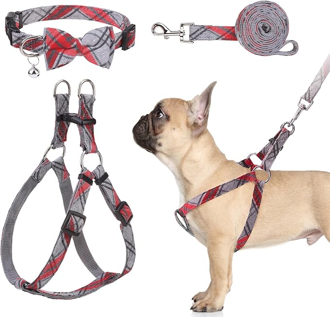 BINGPET Dog Harness Collar Leash Set,Adjustable No Pull Escape Proof Small Dog Harness,Classic Plaid Puppy Harness and Lea...