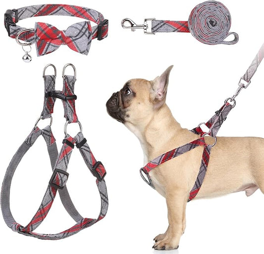 BINGPET Dog Harness Collar Leash Set,Adjustable No Pull Escape Proof Small Dog Harness,Classic Plaid Puppy Harness and Lea...