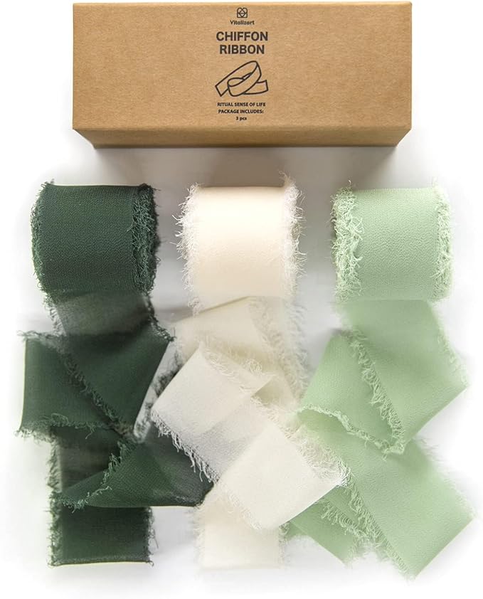Vitalizart Handmade Chiffon Silk Ribbon Fringe Green & Cream 1.5" x 21 Yd Frayed Edges Ribbons for Wedding Invitations Bri...