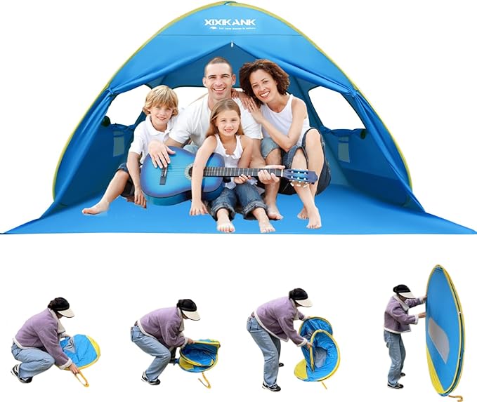 XIXIKANK 2 Second Easy Setup Pop Up Beach Tent for 4 Person,UPF 50+ UV Protection Beach Shade, Wind Resistant Sun Protecti...