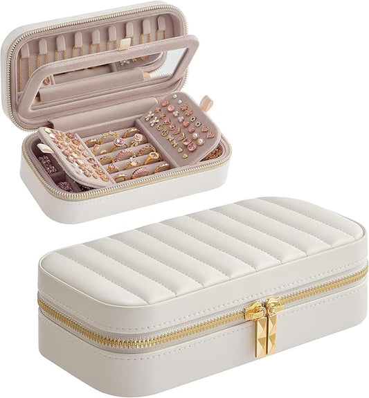 SONGMICS HOME Travel Jewelry Case, Travel Jewelry Box Organizer with Mirror, 4.1 x 8 x 2.4 Inches, Stitching, Portable, Gi...