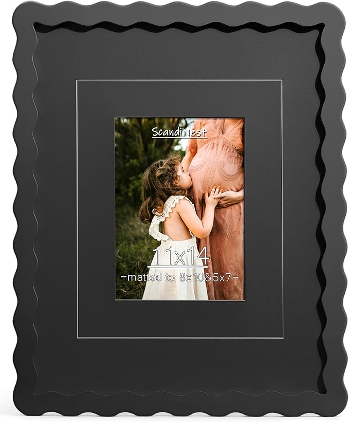 ScandiNest Scalloped 11x14 Picture Frame, Real Glass Wood Frame with Reversible Mat for 5x7/8x10 Prints, Wavy Edge for Wal...