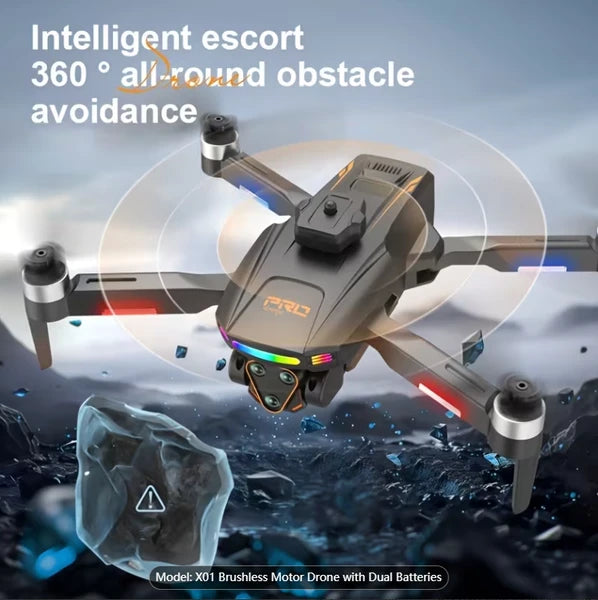 2026 New Foldable Quadcopter Drone X01 Features: 4.5-inch Independent Display Screen Triple Cameras USB Charging Remote Controller Motorized Adjustable Camera Real-time Screen Image Transmission 360°
