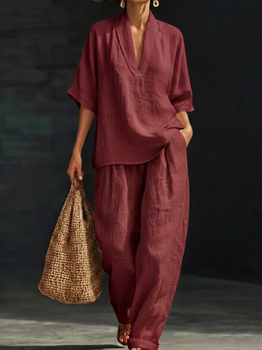 2026 Hot Sale Spring Summer Women's Set, Fashion V-Neck Short Sleeve Loose Top With Pocket Pants
