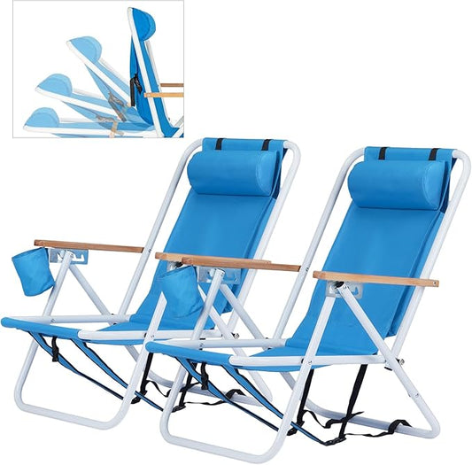 Outvita Folding Beach Chair Adjustable Headrest w/4 Flexible Tilt Angle, Cup Holder Portable High Strength Cleanable Fabri...