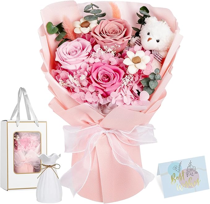 Shearly Preserved Flowers Bouquet with Bear, Forever Flowers with Gift Box, Long-Lasting Eteranl Roses Bouquet, Anniversar...