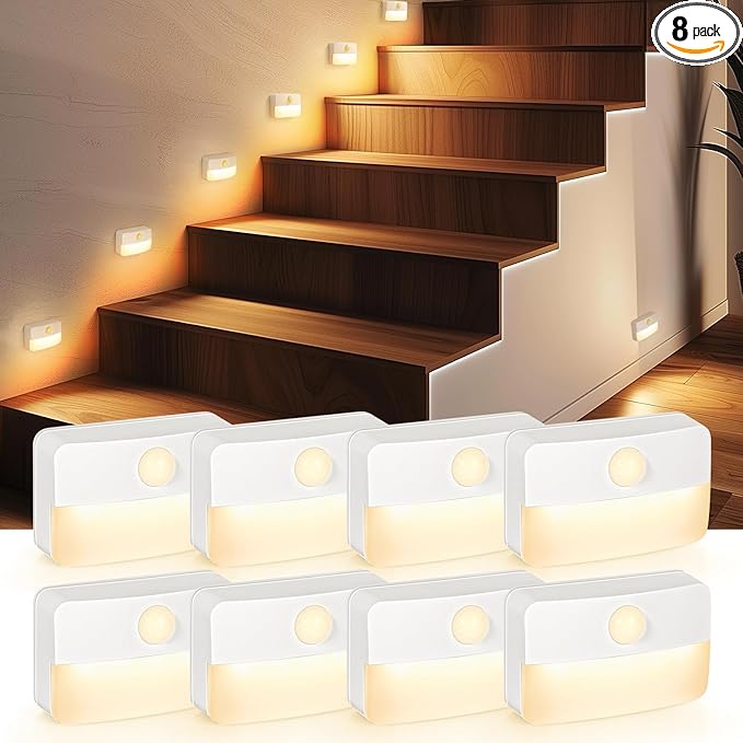 Guankai 8 Pack Motion Sensor Stair Light for Indoor, Battery Operated Closet Lights, Wireless Stick on Anywhere Hallway La...