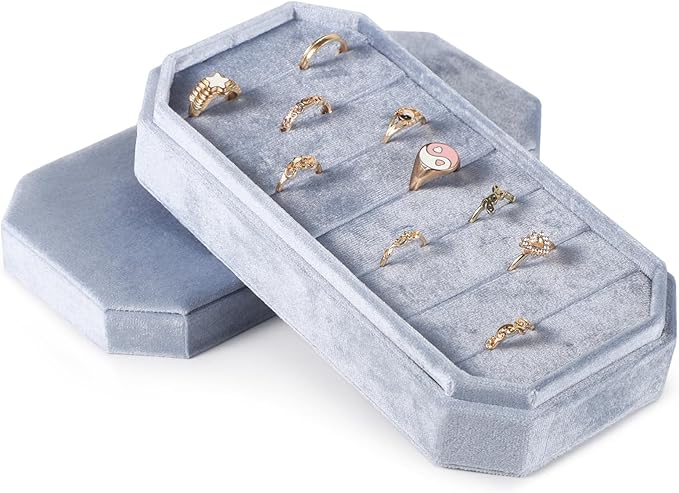 Anjetan Ring Organizer with Removable Lid, Velvet Ring Jewelry Box Storage, Holds 21 Rings, Octagonal Design, Dustproof Ve...