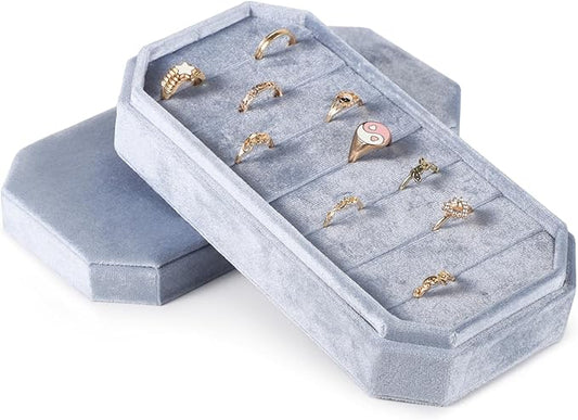 Anjetan Ring Organizer with Removable Lid, Velvet Ring Jewelry Box Storage, Holds 21 Rings, Octagonal Design, Dustproof Ve...