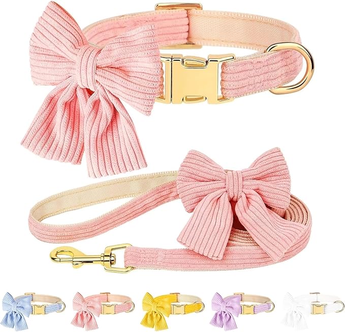 Dog Collar and Leash Set with Bowtie, Soft & Cute Puppy Collar, Cotton Puppy Collar with Adjustable Metal Buckle for Smal...