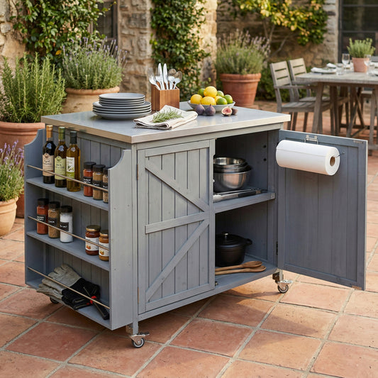 K&K 42.1  Outdoor Kitchen Island With Side Shelf, Outdoor Grill Cart With Storage Cabinet, Outdoor Kitchen Cabinet With Stainless Steel Top,  Adjustable Shelf And 4  Wheels For Pizza Prep, Grey Blue