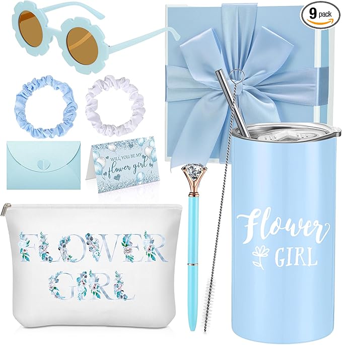 Sieral 9 Pcs Flower Girl Proposal Gifts Set Personalized Flower Girl Tumbler with Straw Bride Gift Box Canvas Bag Sunglass...