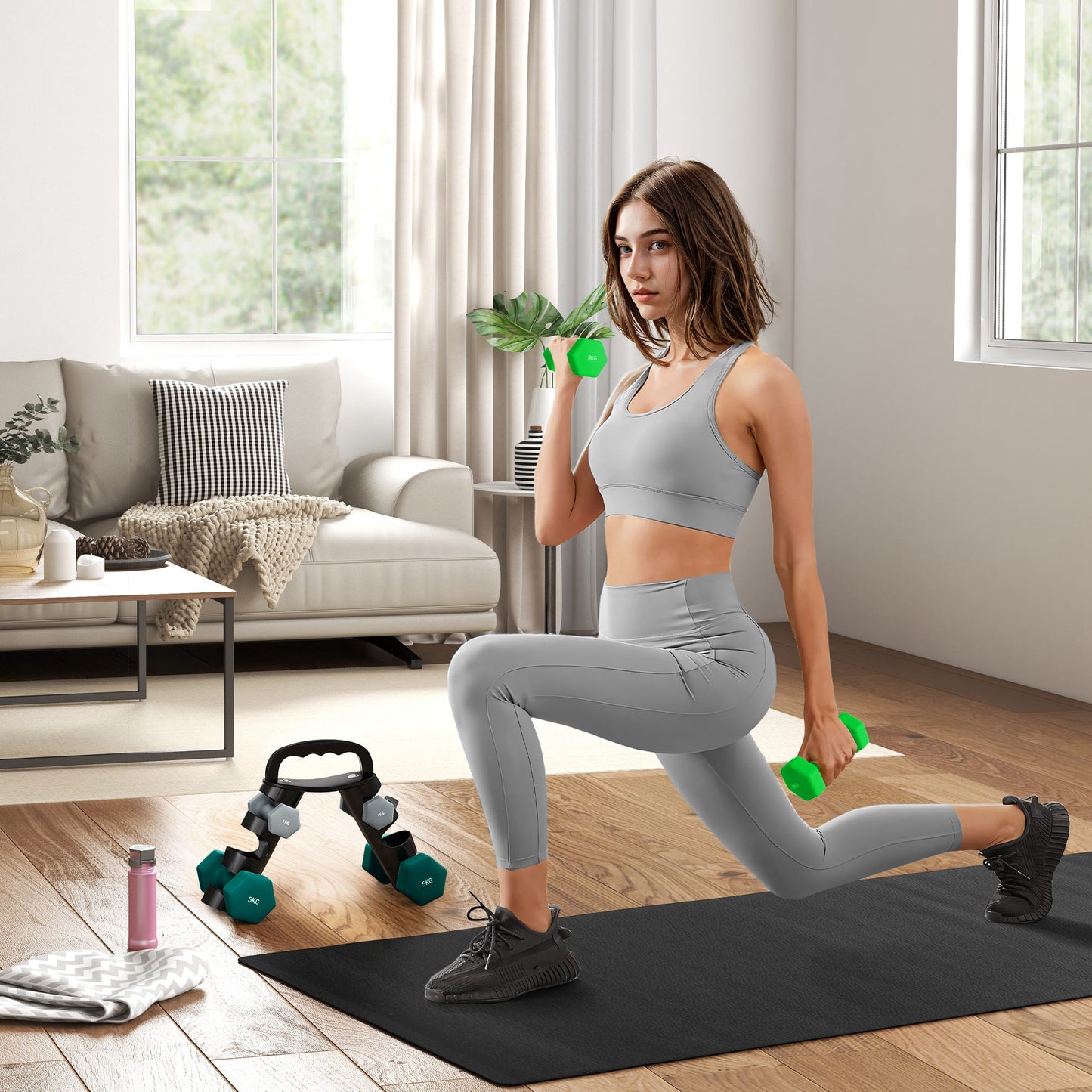 Hantelset Mit Aufbewahrungsgestell, Set Mit 6 Hanteln Für Fitness-Training, 2 X 1kg, 2 X 3kg, 2 X 5kg
