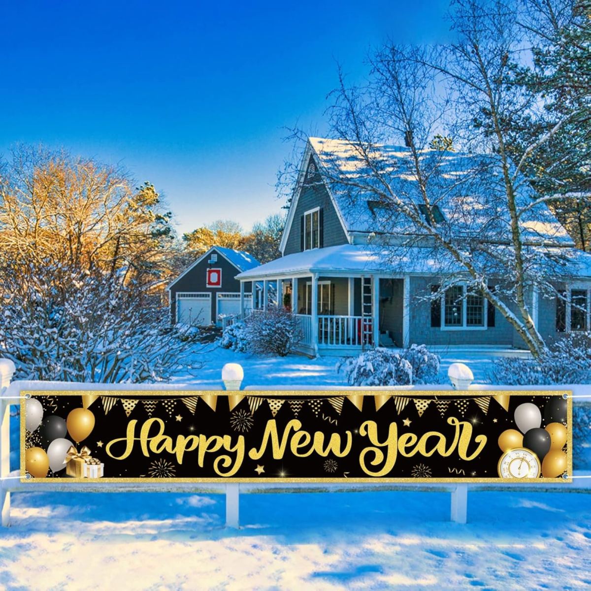 Happy New Year Banner, New Year's Eve Decoration, Extra-Long New Year's Banner, Black New Year's Banner, Hanging Decoration, 300x50cm, Outdoor, Indoor, Garden, Home