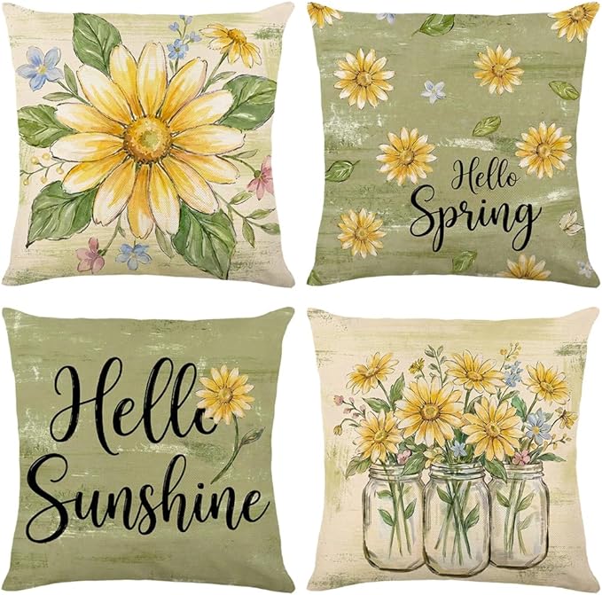 wyooxoo Spring Pillow Covers 16x16 Set of 4 Olive Green Farmhouse Throw Pillow Covers Floral Decorative Cushion Cases for ...