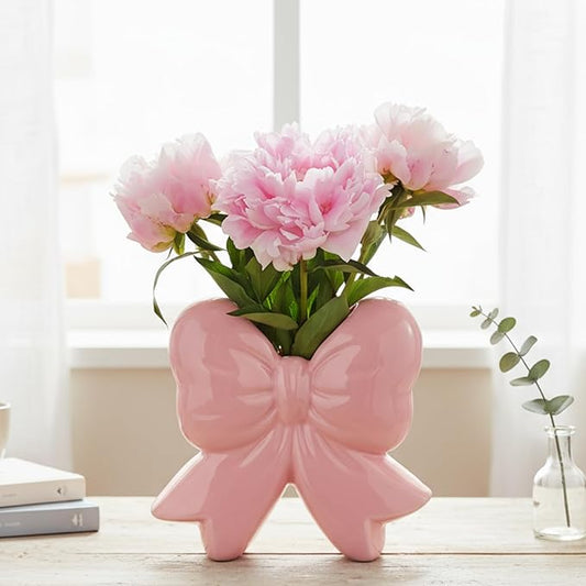 Jingmore Pink Bow Vase Coquette Ceramic Vase Pen Holder Makeup Brush Holder Contemporary Design Women Decorative Gift for ...