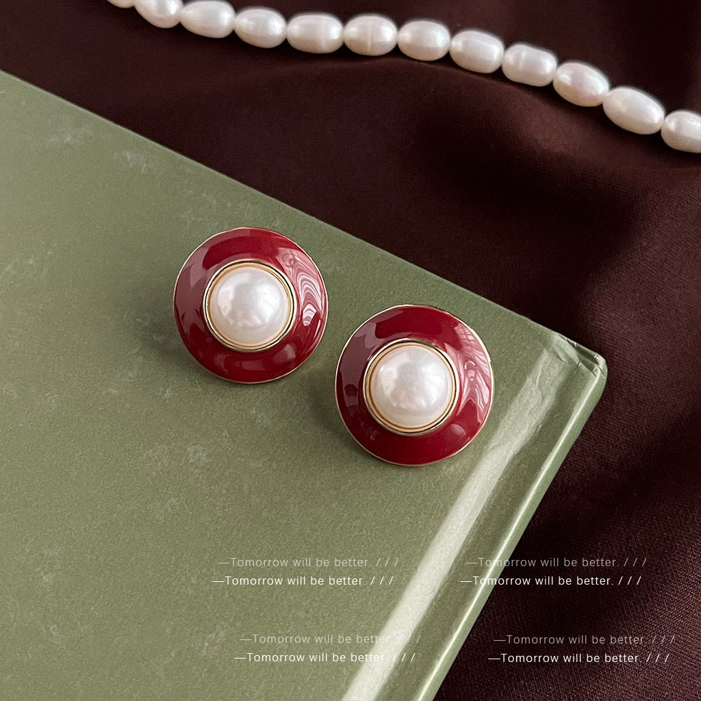 French Style Burgundy Enamel Earrings For Women Vintage Elegant Stud Earrings Luxury Fashion Jewelry Wholesale