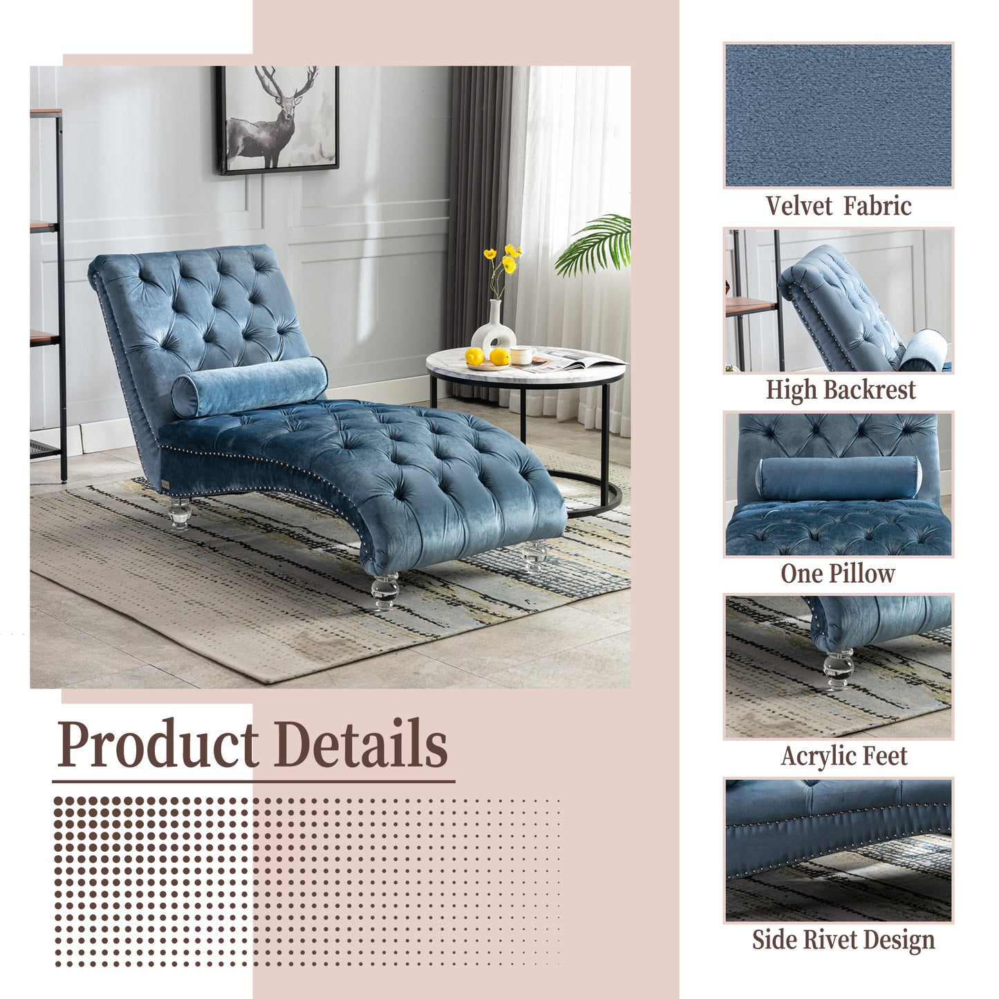 Velvet Chaise Lounge Indoor,Button-Tufted Upholstered Chaise Lounge Chair With Pillow For Bedroom Living Room Office  Light Blue Velvet