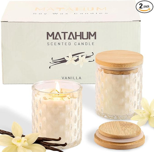 MATAHUM 2 Pack Vanilla Scented Candles for Home Decor, 6.5oz Natural Soy Wax Aromatherapy Jar Candles, Vanilla Candle for ...